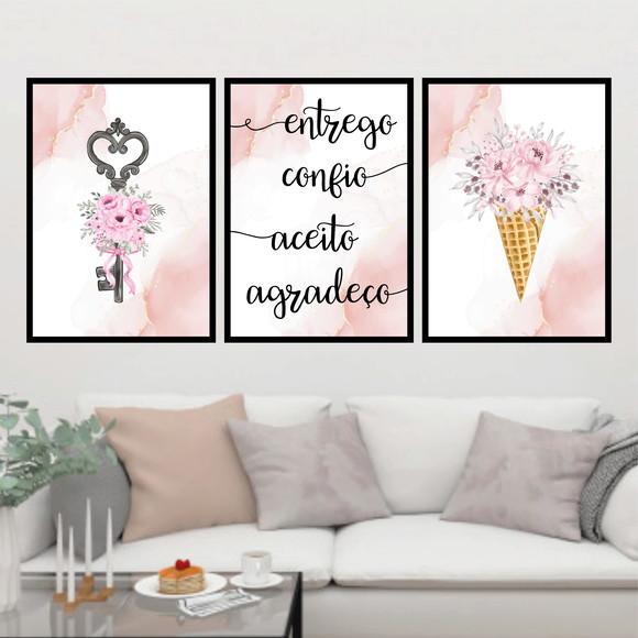 Trio Quadros Digitais - Entrego Confio Aceito Agradeço Flor