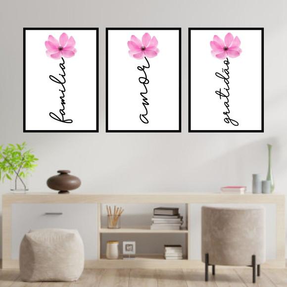 Trio Quadros Digitais - Família Amor Gratidão Flor Rosa