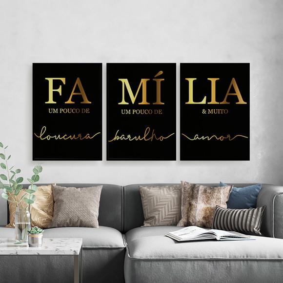 Trio Quadros Digitais - Família Barulho Loucura Amor Dourado