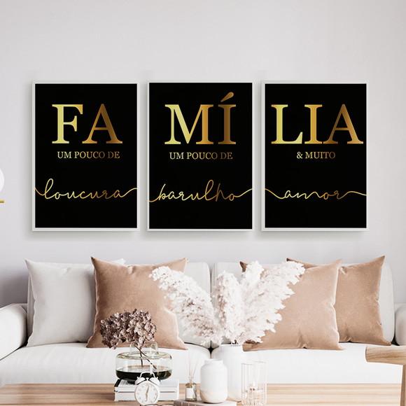 Trio Quadros Digitais - Família Barulho Loucura Amor Dourado