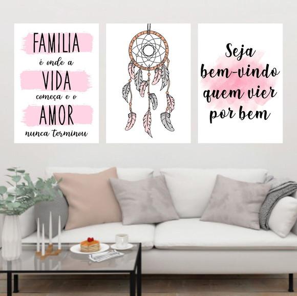 Trio Quadros Digitais - Família Apanhador Sonhos Aquarela