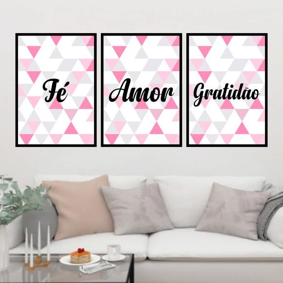 Trio Quadros Digitais - Fé Amor Gratidão Triângulos Rosa