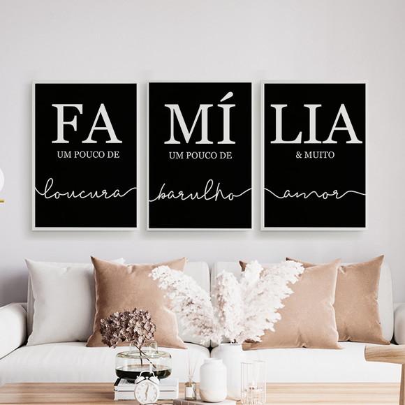 Trio Quadros Digitais - Família Barulho Loucura Amor Preto