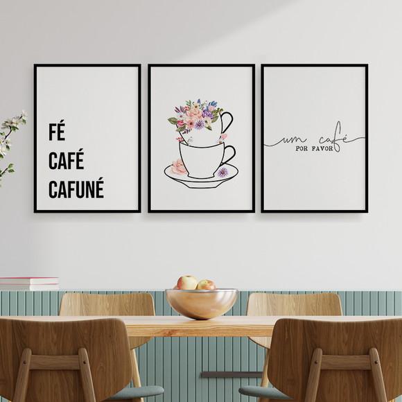 Trio Quadros Digitais - Fé Café Cafuné - Xícaras Com Flores