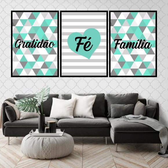 Trio Quadros Digitais - Fé Família Gratidão Geométrico