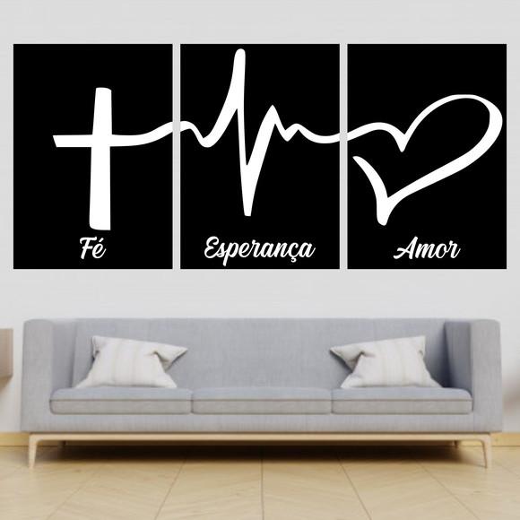 Trio Quadros Digitais - Fé Esperança Amor Preto