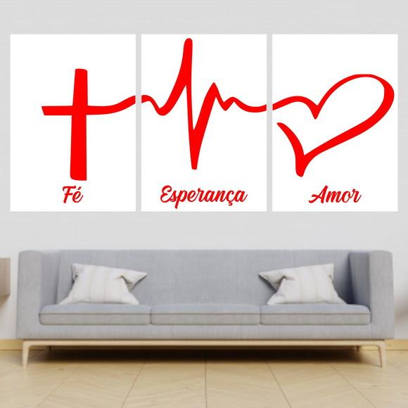 Trio Quadros Digitais - Fé Esperança Amor Vermelho