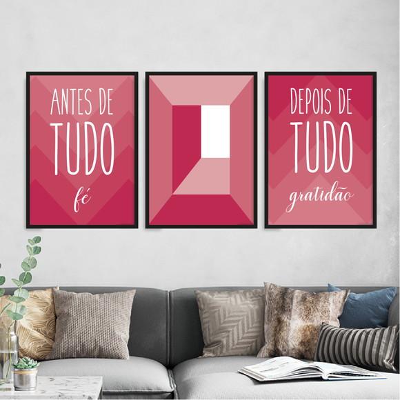 Trio Quadros Digitais - Fé Gratidão - Cubo Viva Magenta