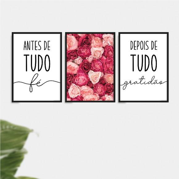 Trio Quadros Digitais - Fé Gratidão - Flores Viva Magenta