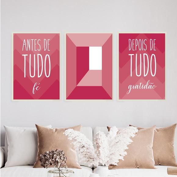 Trio Quadros Digitais - Fé Gratidão - Cubo Viva Magenta