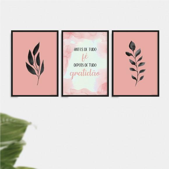 Trio Quadros Digitais - Fé Gratidão - Folhas Rosa e Preto