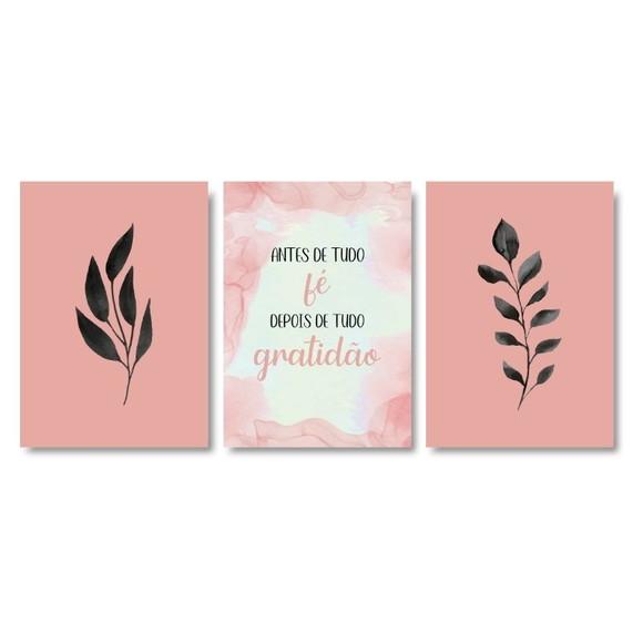 Trio Quadros Digitais - Fé Gratidão - Folhas Rosa e Preto
