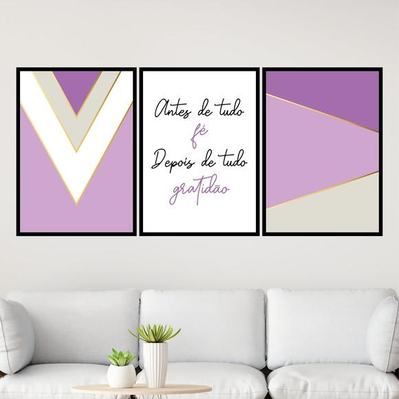 Trio Quadros Digitais - Fé Gratidão Geométrico Roxo