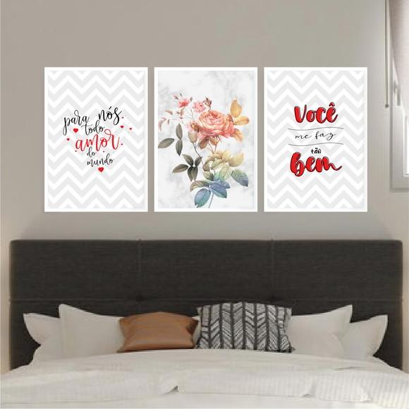 Trio Quadros Digitais - Flores Mármore - para Nós Todo Amor