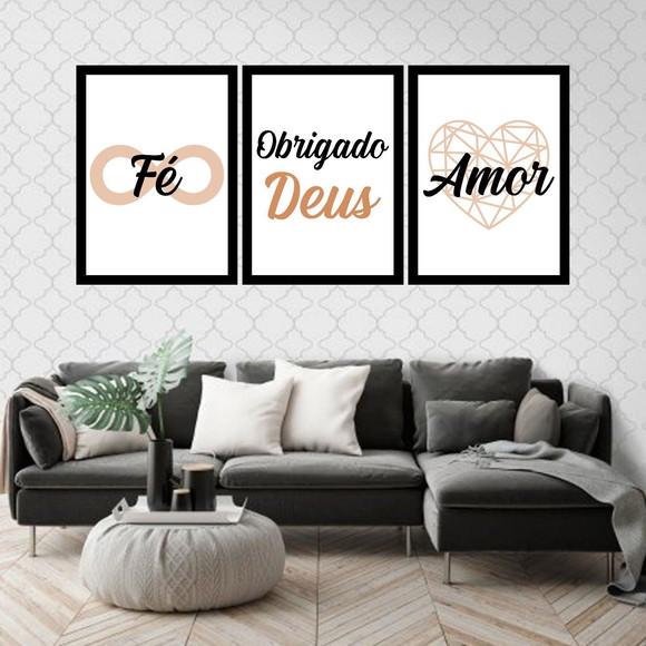 Trio Quadros Digitais - Fé Obrigado Deus Amor Marrom