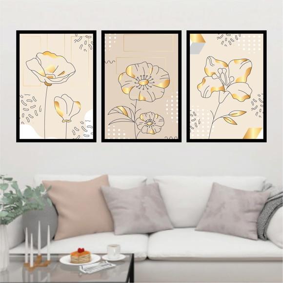 Trio Quadros Digitais - Flores Rosa Dourado