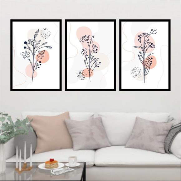Trio Quadros Digitais - Flores Abstrato
