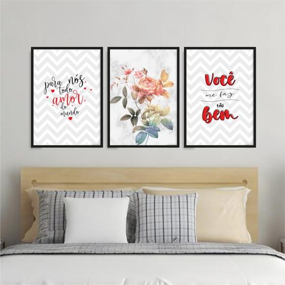 Trio Quadros Digitais - Flores Mármore - para Nós Todo Amor