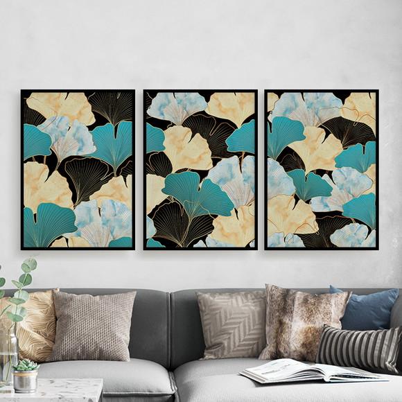 Trio Quadros Digitais - Folhas Azul e Dourada