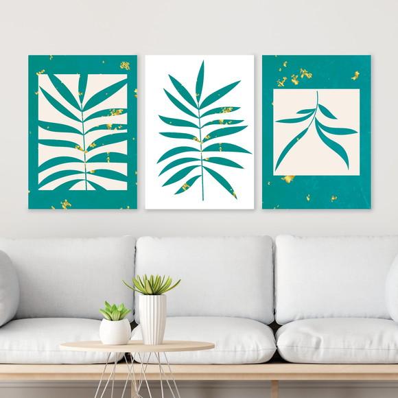 Trio Quadros Digitais - Folhas Azul Turquesa e Dourado