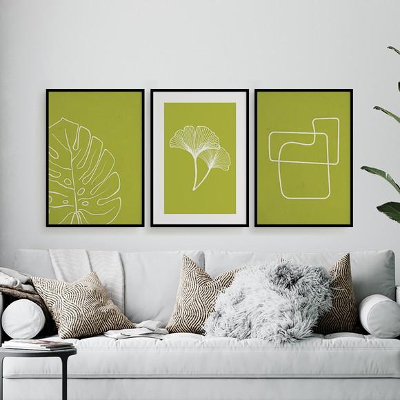 Trio Quadros Digitais - Folhas E Linhas - Verde E Branco