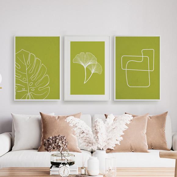 Trio Quadros Digitais - Folhas E Linhas - Verde E Branco