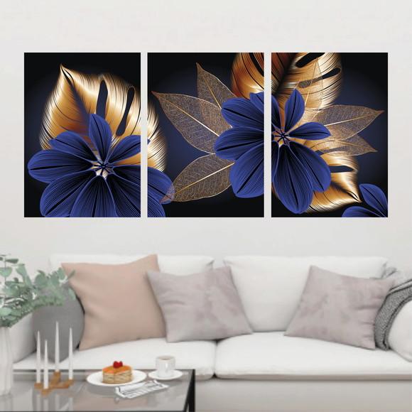 Trio Quadros Digitais - Folhas Mosaico Dourado Azul Preto
