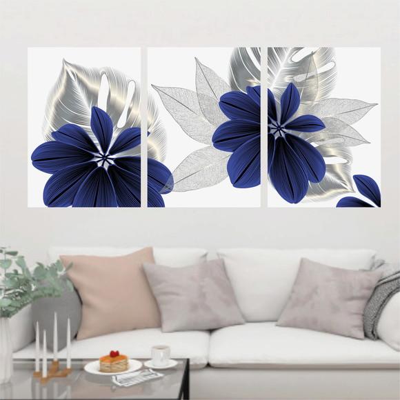 Trio Quadros Digitais - Folhas Mosaico Prata Azul Branco