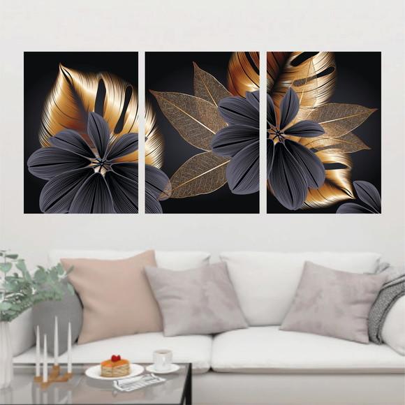 Trio Quadros Digitais - Folhas Mosaico Dourado Preto