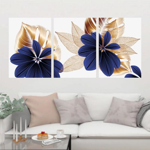 Trio Quadros Digitais - Folhas Mosaico Dourado Azul Branco