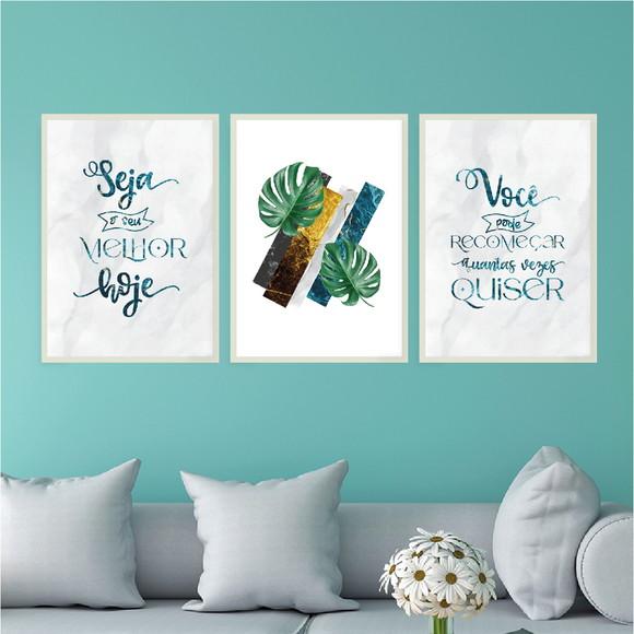 Trio Quadros Digitais - Folhas Mármore - Seja o Seu Melhor