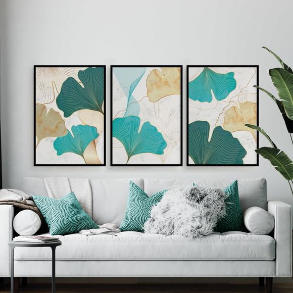 Trio Quadros Digitais - Folhas Turquesa E Dourado