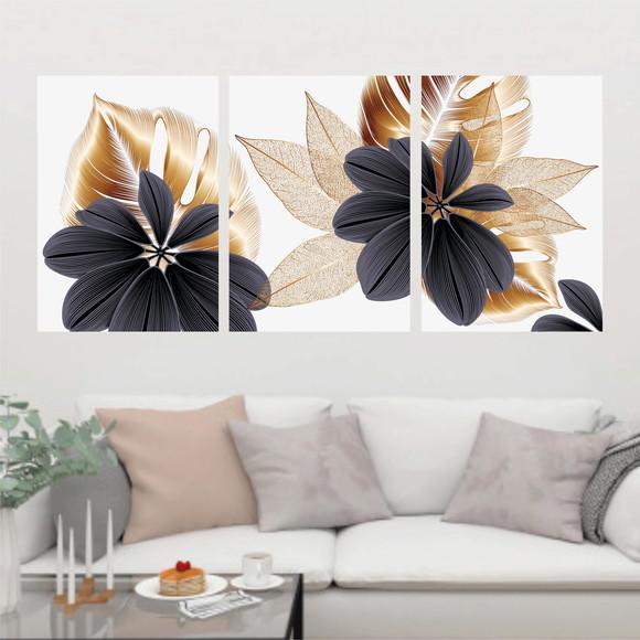 Trio Quadros Digitais - Folhas Mosaico Dourado Preto Branco