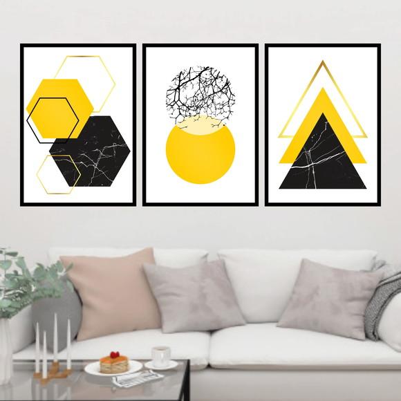 Trio Quadros Digitais - Geométrico Amarelo Mármore Preto