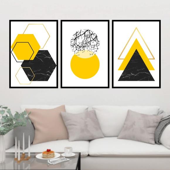 Trio Quadros Digitais - Geométrico Amarelo Mármore Galhos