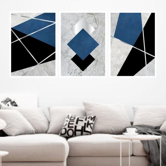 Trio Quadros Digitais - Geométrico Cinza Azul Prata