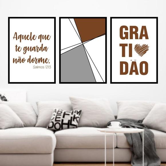 Trio Quadros Digitais - Geométrico Gratidão Marrom
