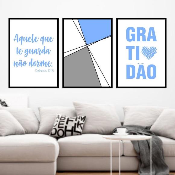 Trio Quadros Digitais - Geométrico Gratidão Azul Claro