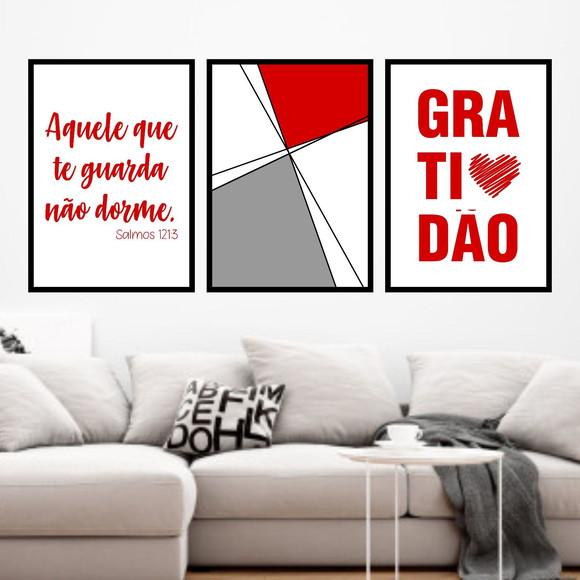 Trio Quadros Digitais - Geométrico Gratidão Vermelho