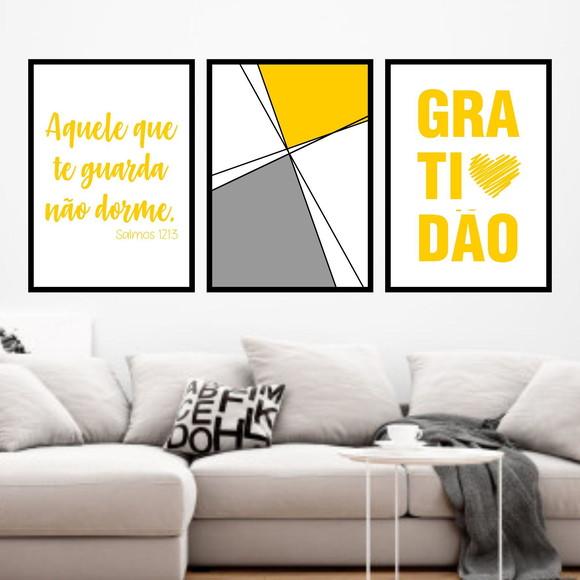 Trio Quadros Digitais - Geométrico Gratidão Amarelo