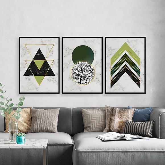 Trio Quadros Digitais - Geométrico Mármore Verde