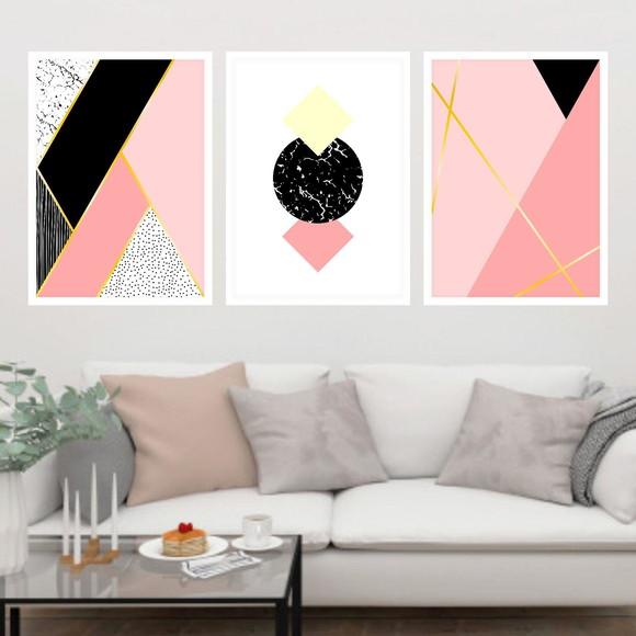 Trio Quadros Digitais - Geométrico Rosa e Preto