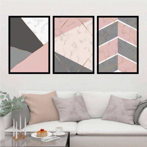 Trio Quadros Digitais - Geométrico Rosa Preto Branco e Cinza