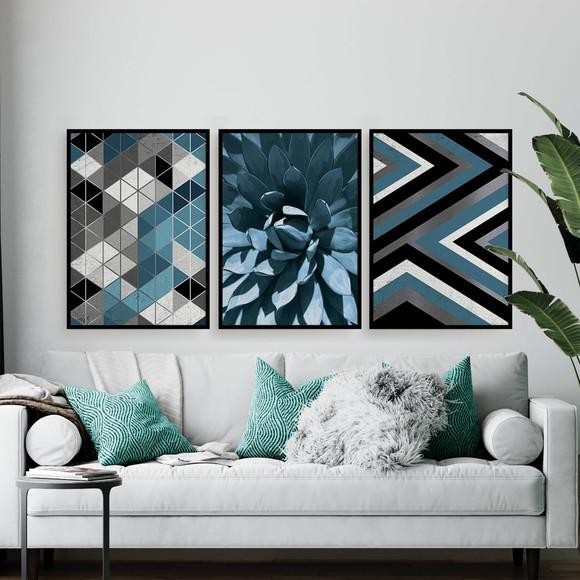 Trio Quadros Digitais - Geométrico Planta Azul E Prata