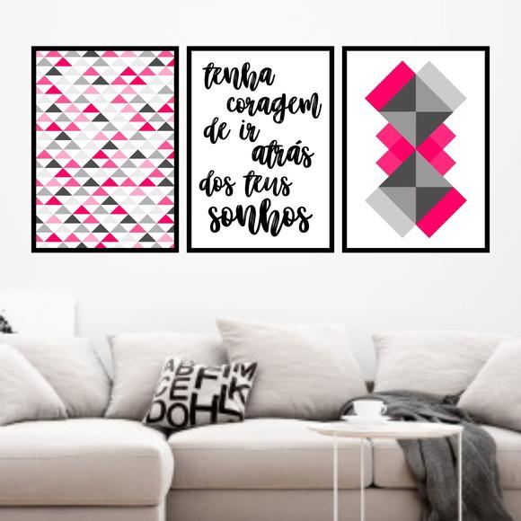 Trio Quadros Digitais - Geométrico Tenha coragem Rosa Cinza