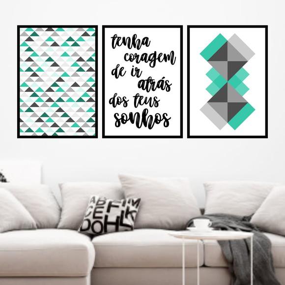 Trio Quadros Digitais - Geométrico Tenha coragem Turquesa