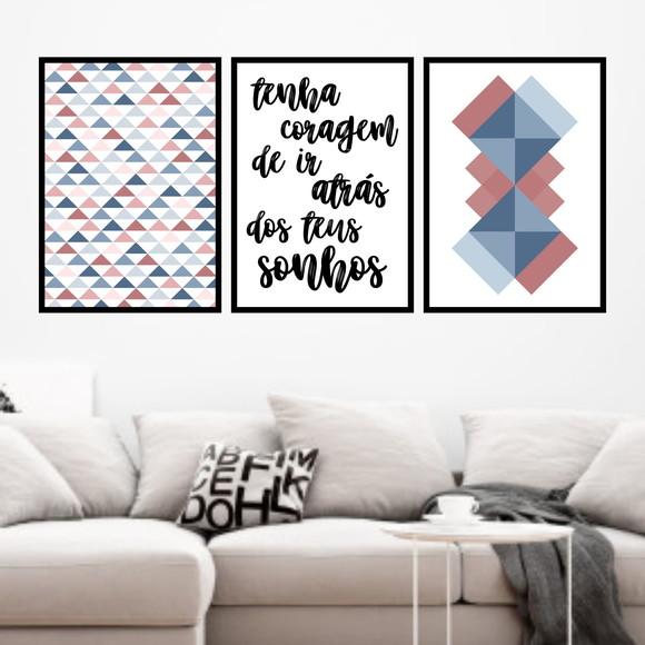 Trio Quadros Digitais - Geométrico Tenha coragem Rosa e Azul
