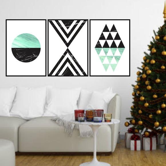 Trio Quadros Digitais - Geométrico Verde e Mármore Preto