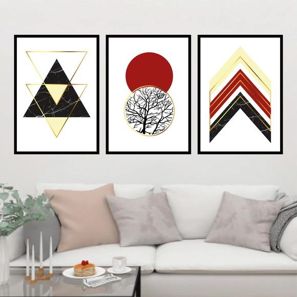 Trio Quadros Digitais - Geométrico Vermelho bege e dourado