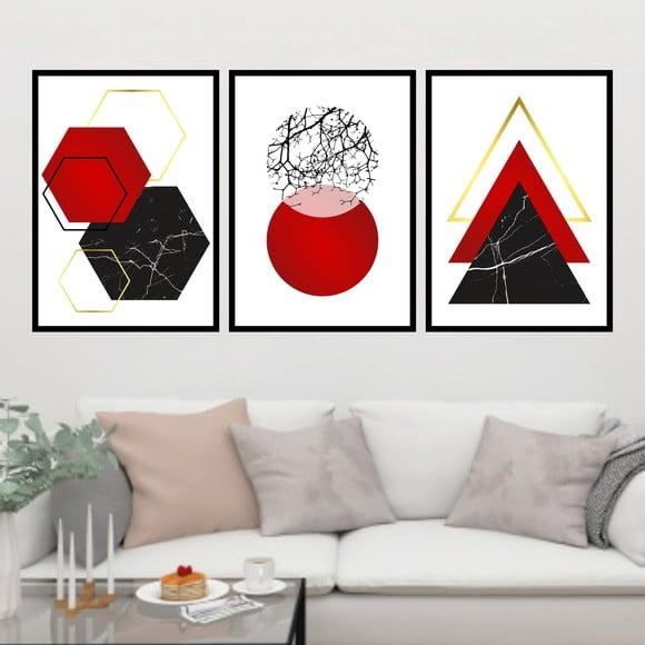 Trio Quadros Digitais - Geométrico Vermelho Mármore Preto